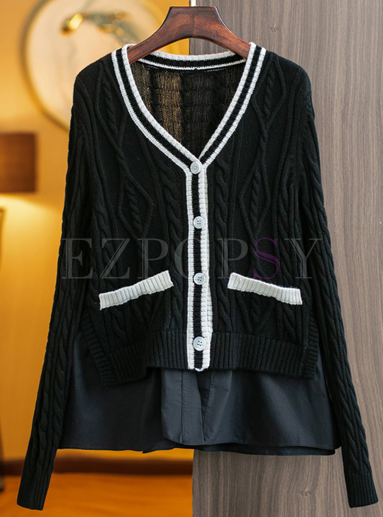 V-Neck Contrasting Splicing Open Front Knitted Women