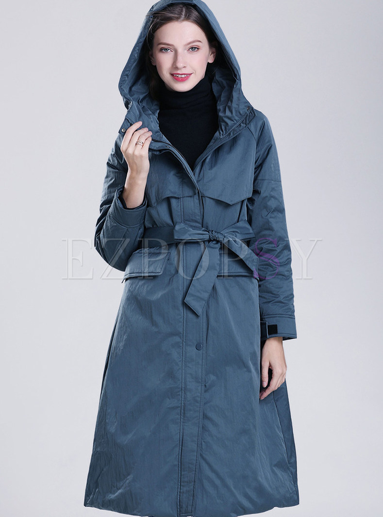 Basic Slim Hooded Knee Length Puffer Coats For Women