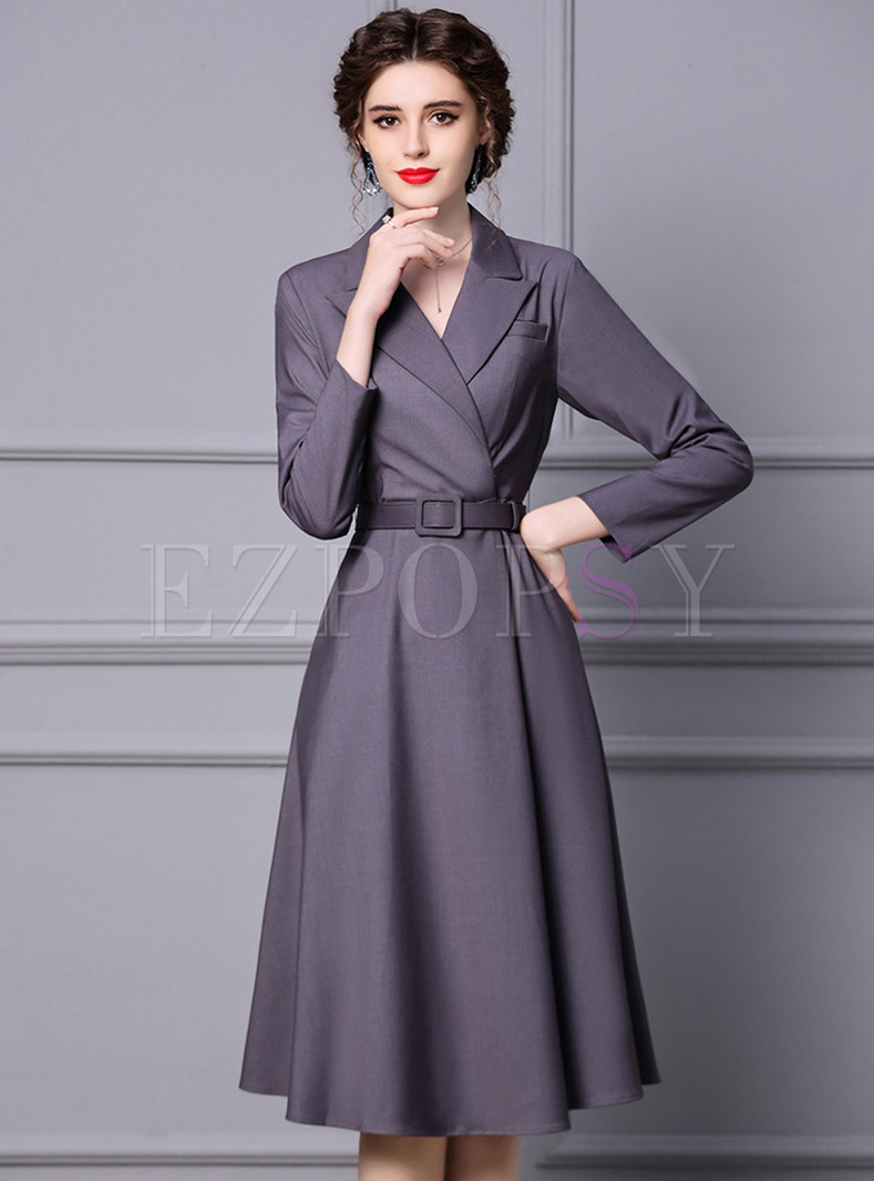 Minimalist Large Lapels Solid Color A-Line Dresses With Belt