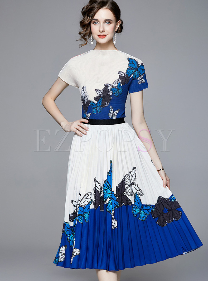 Fashion Butterfly Print Smocked Skirt Outfits For Women