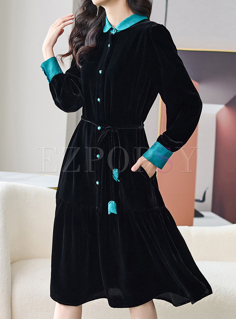 Turn-Down Collar Color Contrast Single-Breasted Cocktail Dresses