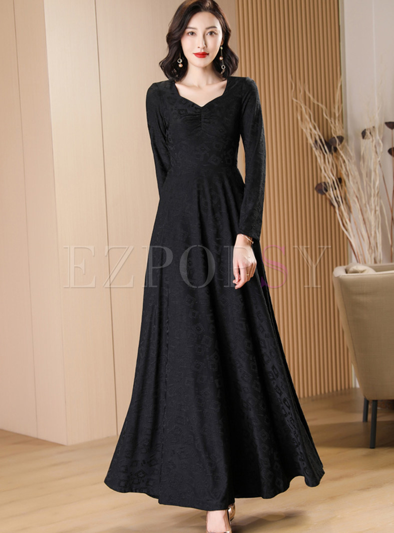 Pretty Jacquard Long Sleeve Thick Maxi Dresses
