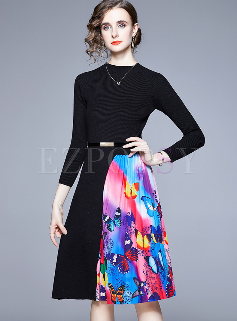 Glamorous Pleated Printed Knitted Patch Skater Dresses