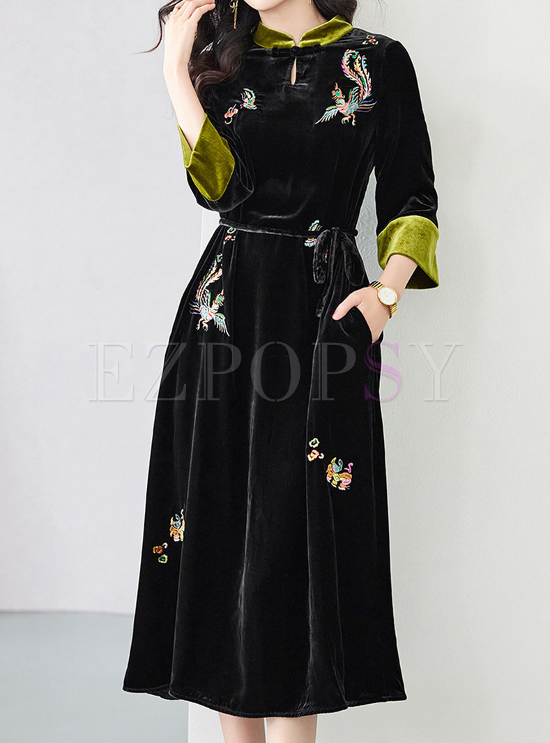 Elegant Embroidered Color-Blocked Midi Dresses