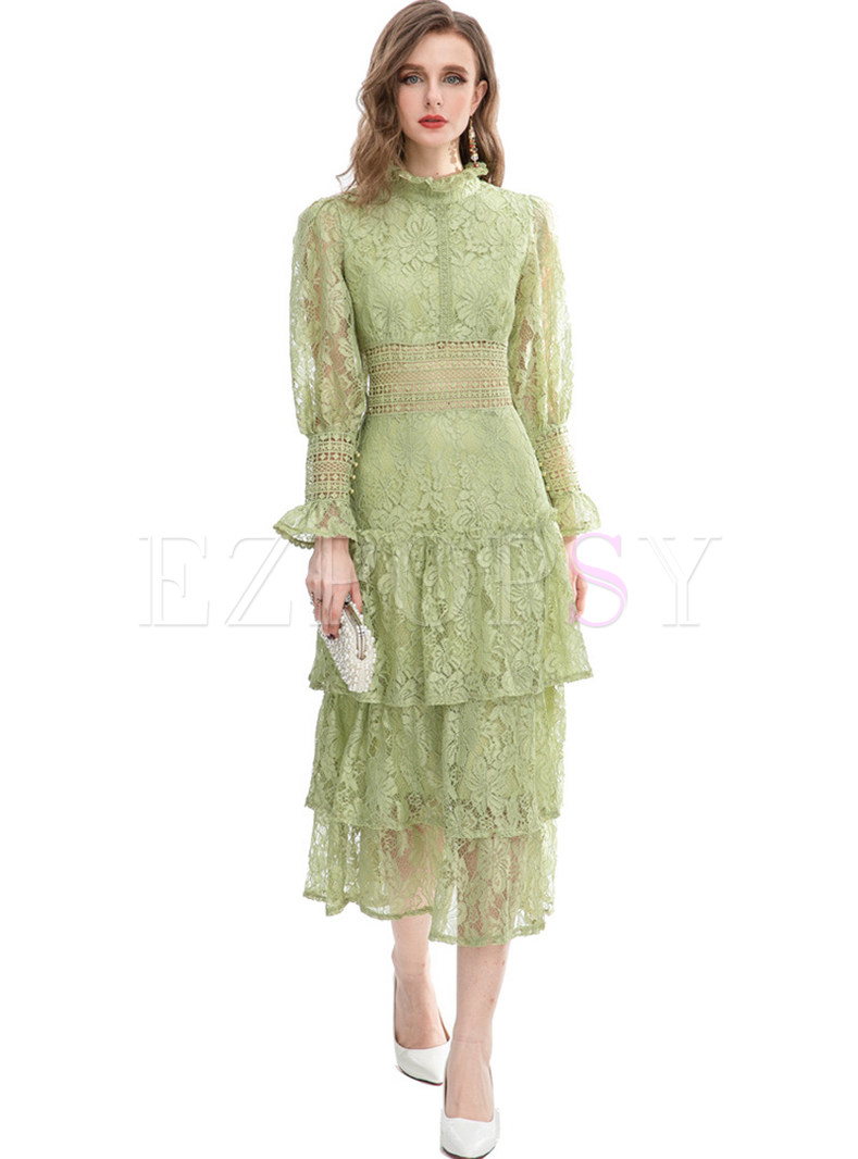 Lace Collar Water Soluble Lace Pleated Tiered Dresses