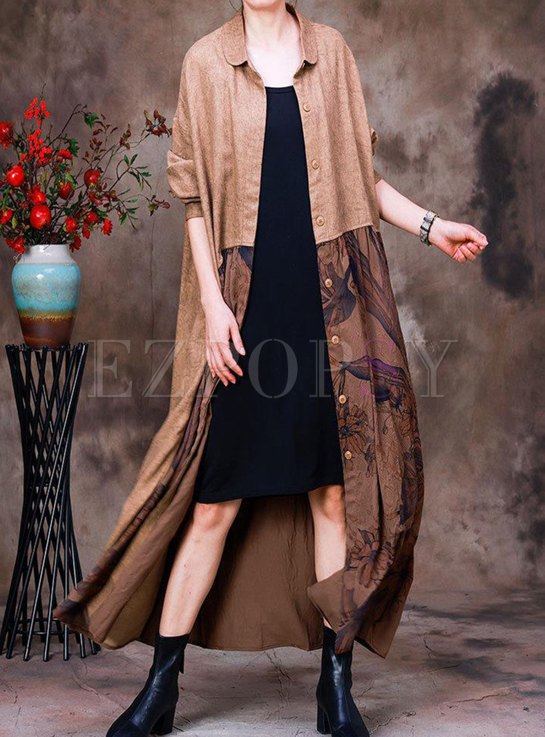 Relaxed Linen-Blend Printed Loose Long Women's Coats
