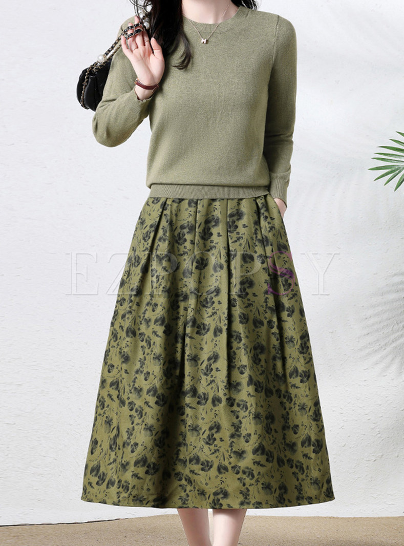 Hot Knitted Jumper & All Over Print Big Hem Midi Skirts For Women