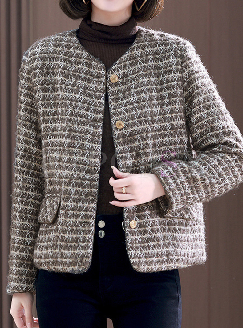 V-Neck Plaid Thick Wool Blend Cropped OverCoats For Women