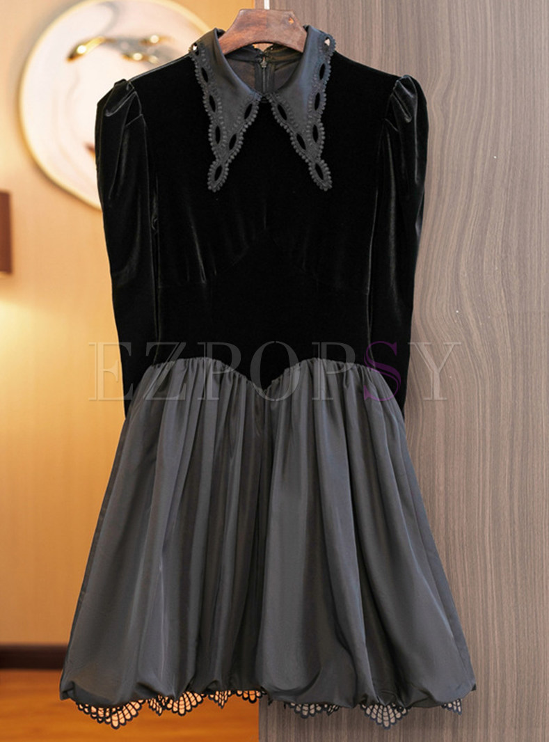 Turn-Down Collar Embroidered Velvet Patch Mini Dresses