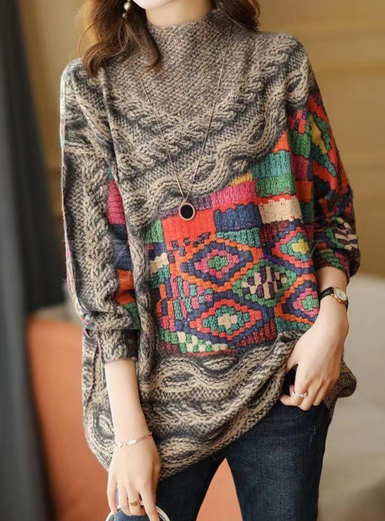 Vintage Chunky Intarsia High Neck Cable Knit Boxy Sweaters For Women