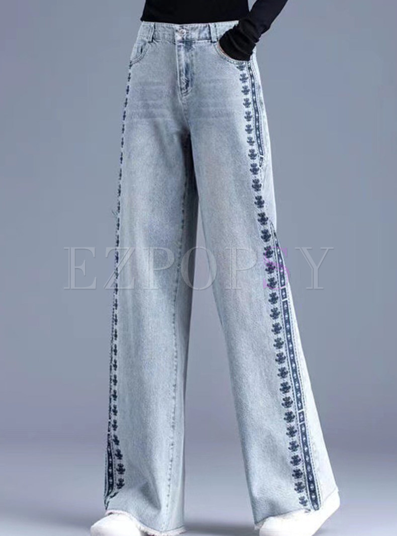 Women's Basic Embroidered High Waisted Baggy Jeans