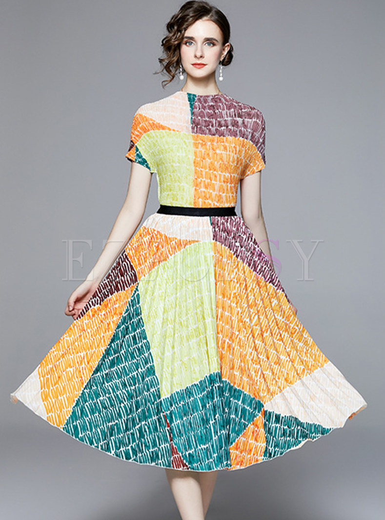 Fashion Geometric Patchwork Pleated Casual Dresses