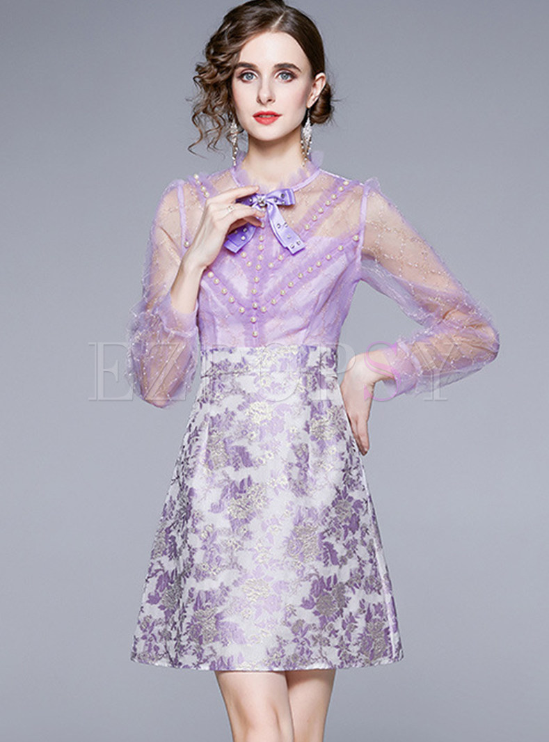 Lace Collar Long Sleeve Jacquard Mini Corset Dresses