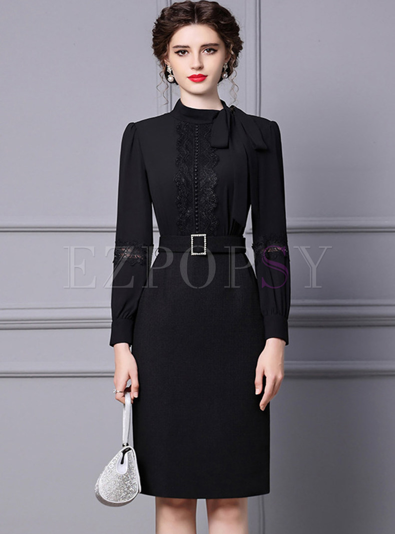 Elegant Long Sleeve Solid Color Corset Dresses With Belt