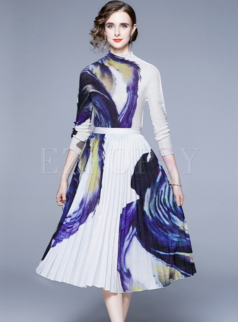Stylish Printed Pleated Big Hem Midi Skirt Suits