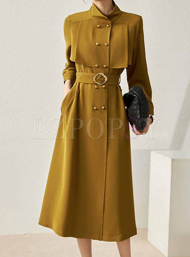 Hot Mock Neck Double-Breasted Solid Color Midi Dresses
