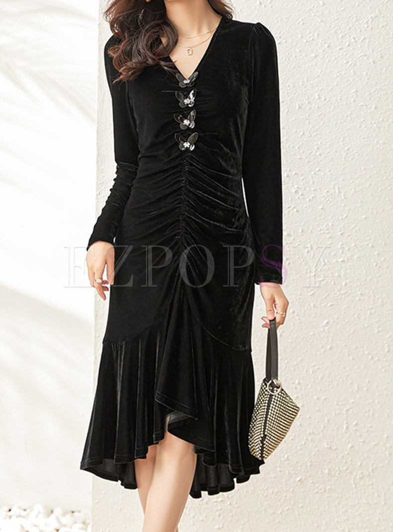 Premium-Fabric Pleated Front Velvet Peplum Dresses