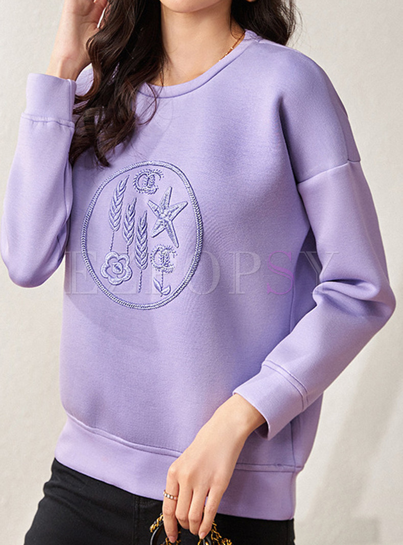 Crewneck Embroidered Plus Size Sweatshirts For Women