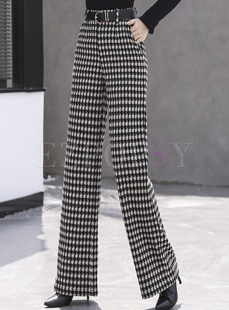 Woolen High Waisted Plaid Straight Pants For Women