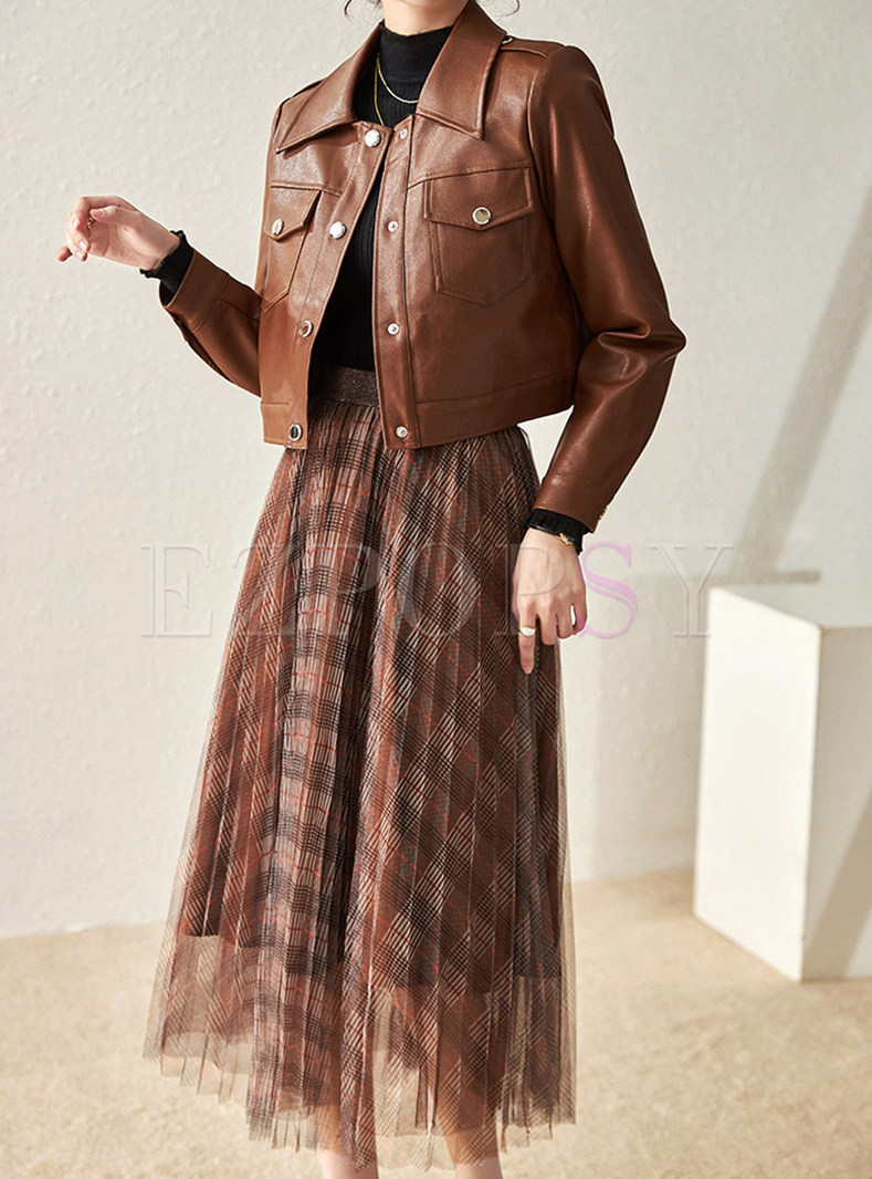 Fashion Cropped Leather Jackets & High Waisted Plaid Mesh Midi Skirts