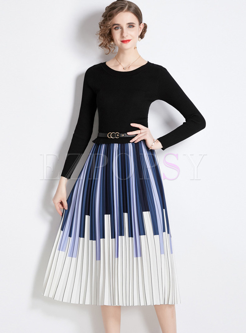 New Look Crewneck Long Sleeve Colorful Striped Pleated Skater Dresses