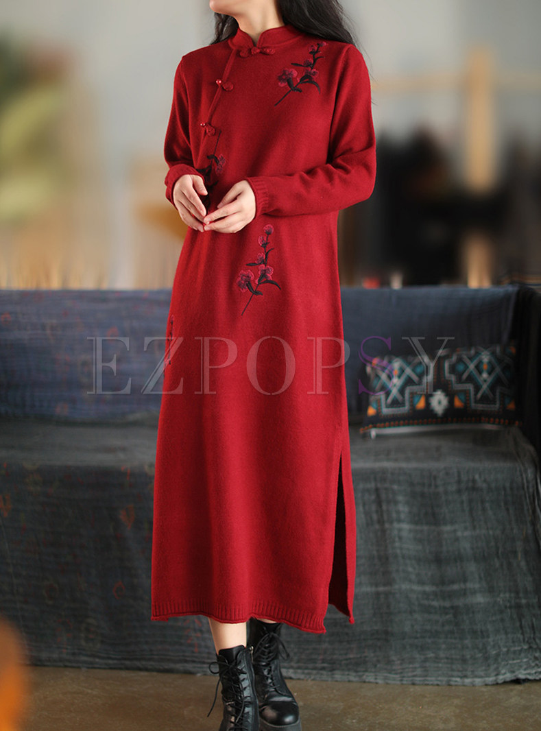 Vintage Embroidered Wool Knitted Dresses