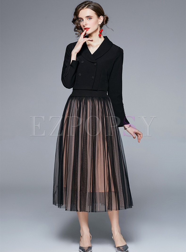 Vintage Cropped Tight Blazers & Mesh Flutter Mid Length Skirts