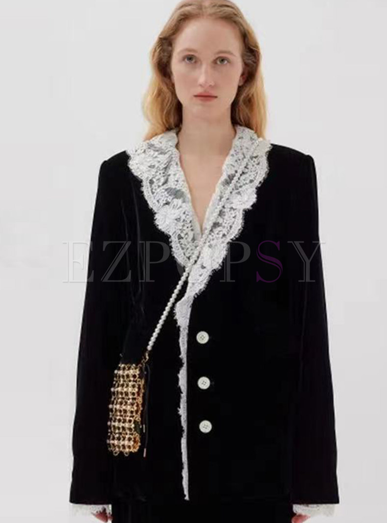 Vintage Lace Collar Single-Breasted Velvet Women's Coats & Jackets