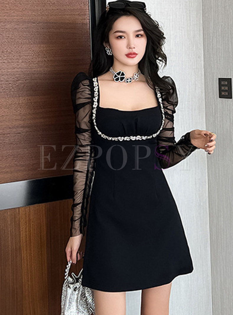 Glamorous Lace Splicing Puff Sleeve Little Black Dresses
