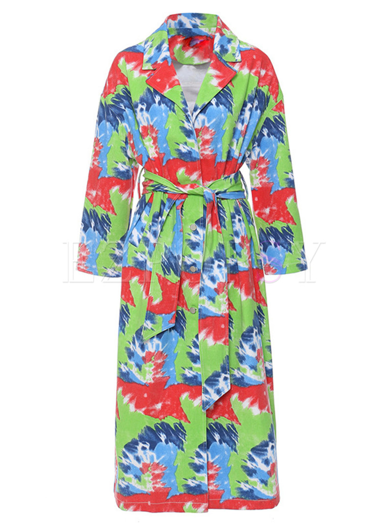 Large Lapels All Over Print Tie Waist Trench Coats Women