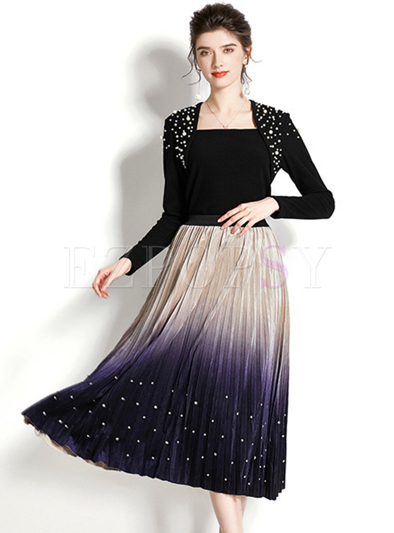 Vintage Small Embellished Gradient Pleated Skirt Outfits For Women
