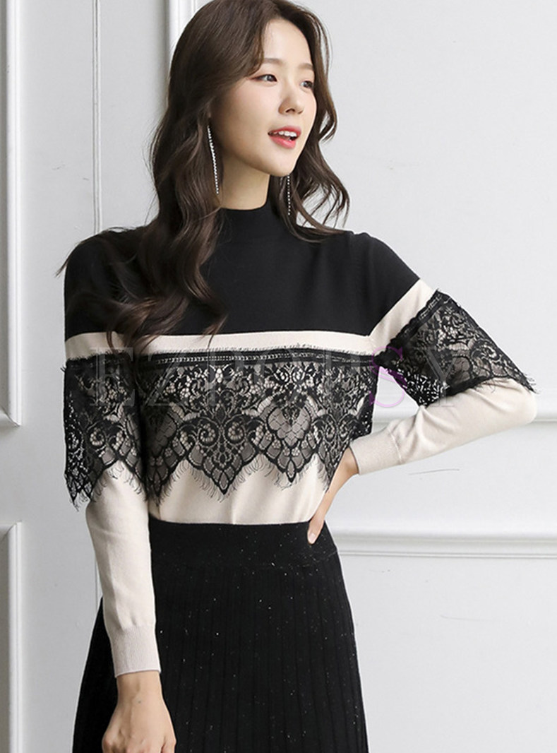 Glamorous Mockneck Water Soluble Lace Contrasting Knit Jumper For Women