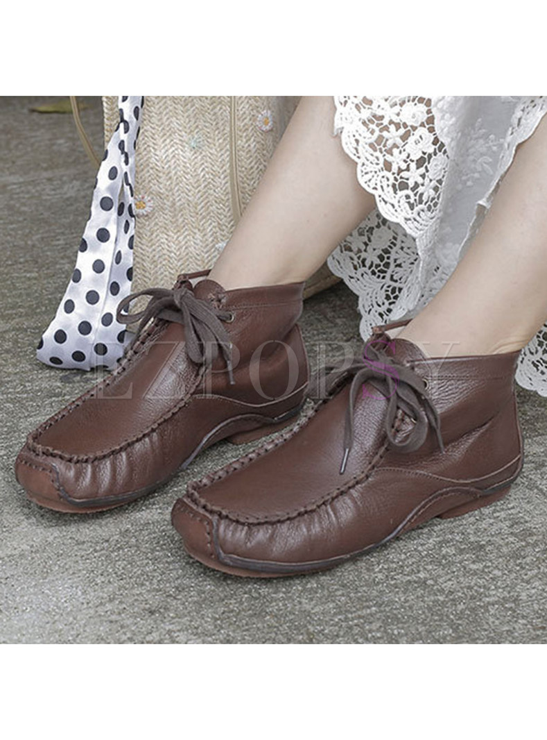Vintage Lace-Up Fastening Genuine Leather Womens Boots