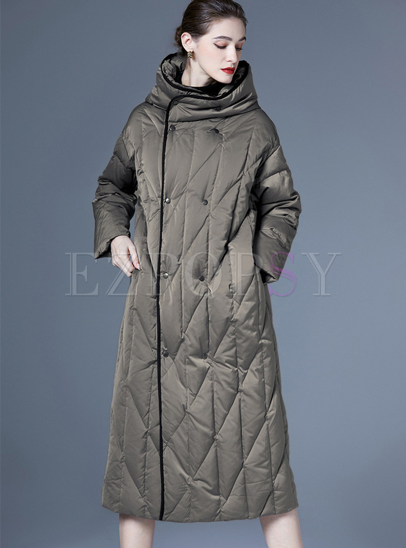 Vintage Hooded Double-Breasted Long Puffer Jackets Women