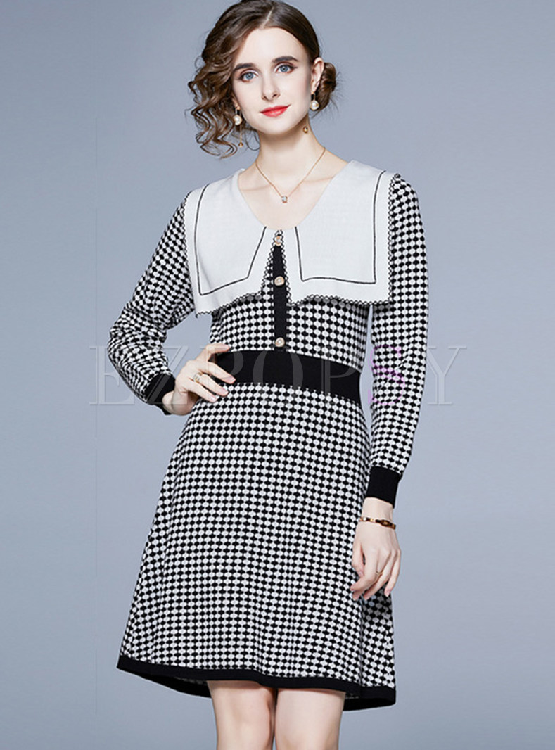 Comfort Plaid Long Sleeve Contrasting Knitted Dresses