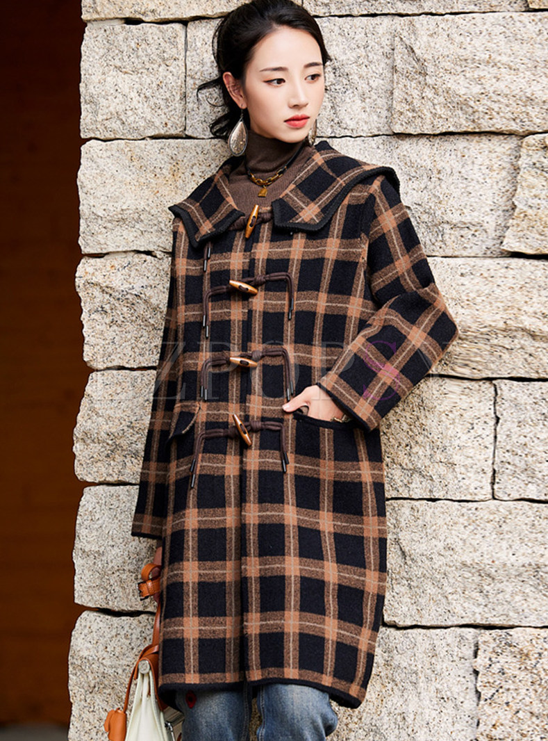 Lapel Woolen Plaid Chunky Womens Coats