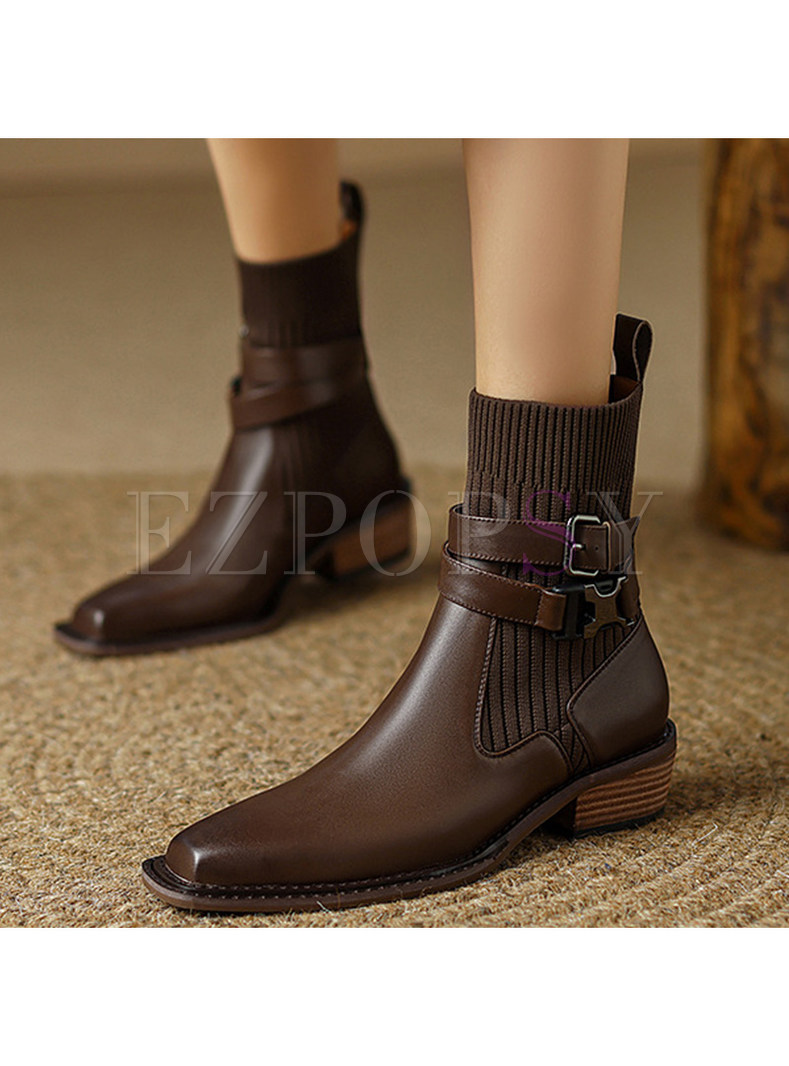 Minimalist Square Toe Knitted Splicing Ankle Boots For Women