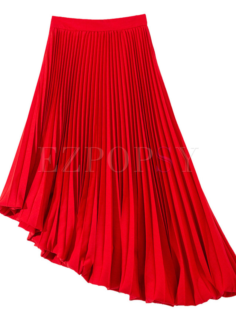 Elastic Waist Fashion Irregular Pleated Mid Length Skirts Women