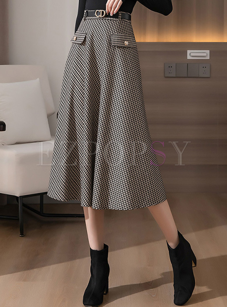 Elegant High Waisted Houndstooth Midi Skirts For Women