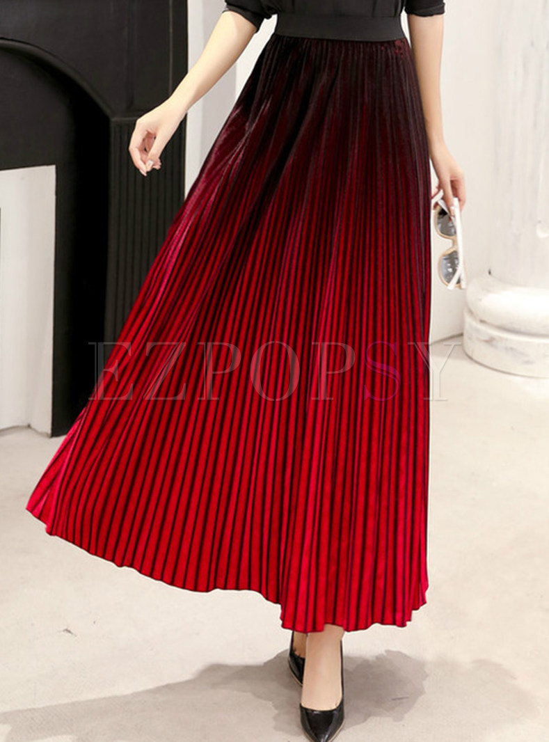 Simple Gradient Velvet Pleated Women Long Skirts