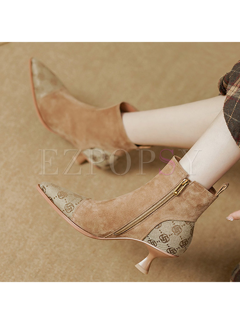 Vintage Pointed Toe Plaid Patch Womens Bootie