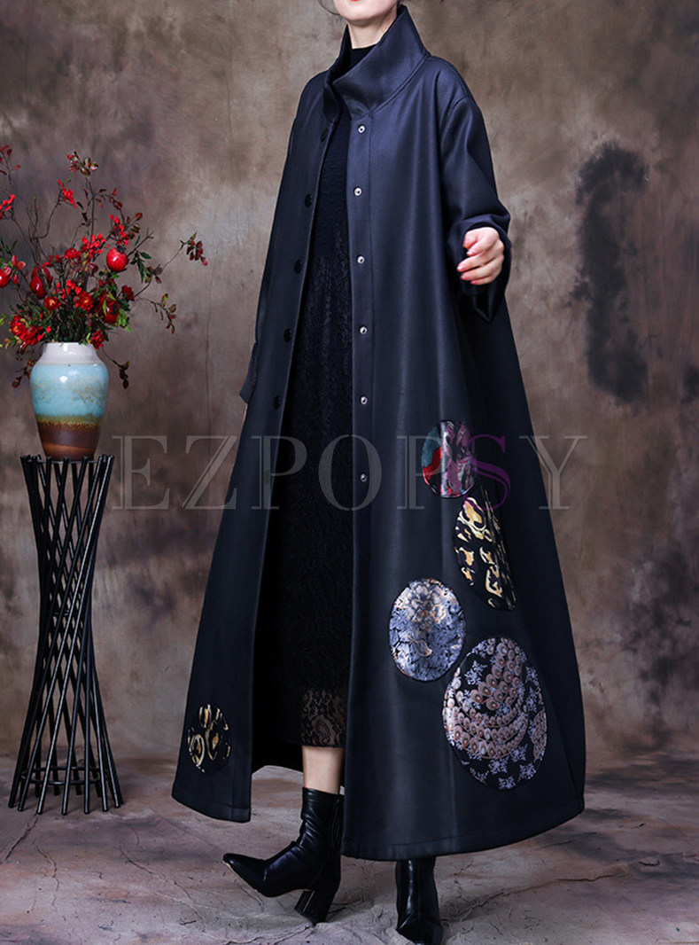 Mock Neck Embroidered Premium Single-Breasted Womens Long Coats