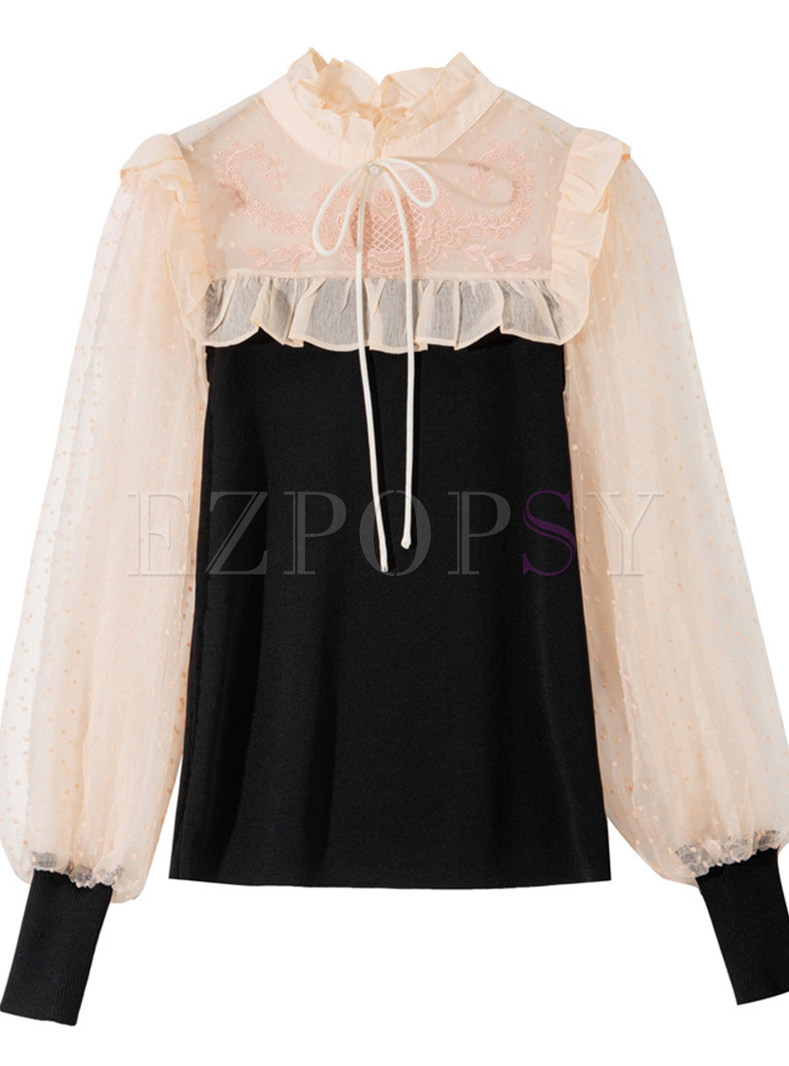 Ruffle Neckline Embroidered Contrasting Tops For Women