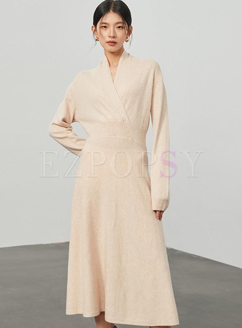 Elegant Wool V-Neck Comfort Knitted Dresses