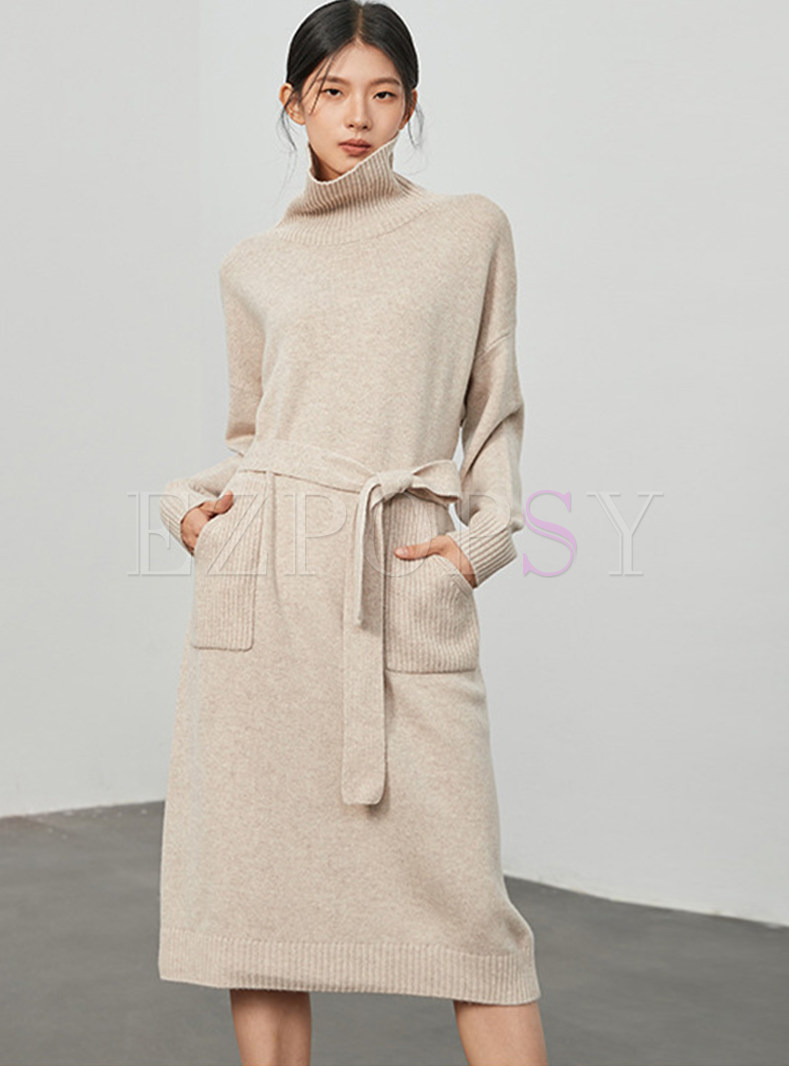 High Neck Boxy Dual Pocket Tie Waist Knitted Dresses