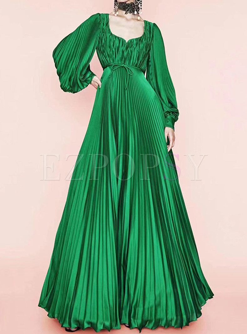 Vintage Square Neck Pleated High Waisted Maxi Dresses