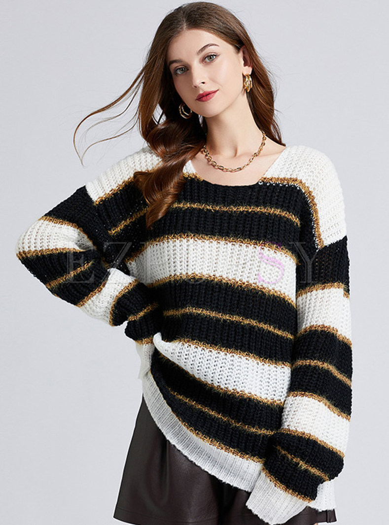 Relaxed Striped Color Contrast Oversize Womens Sweaters