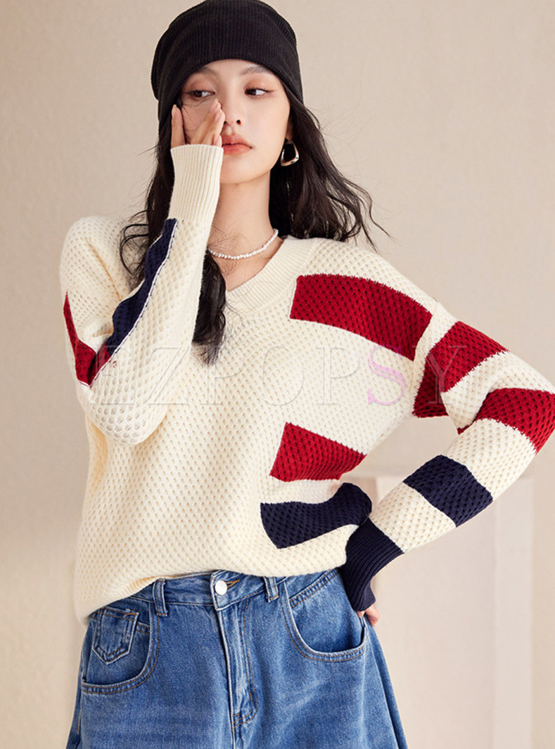 V-Neck Loose Color Contrast Women Sweaters