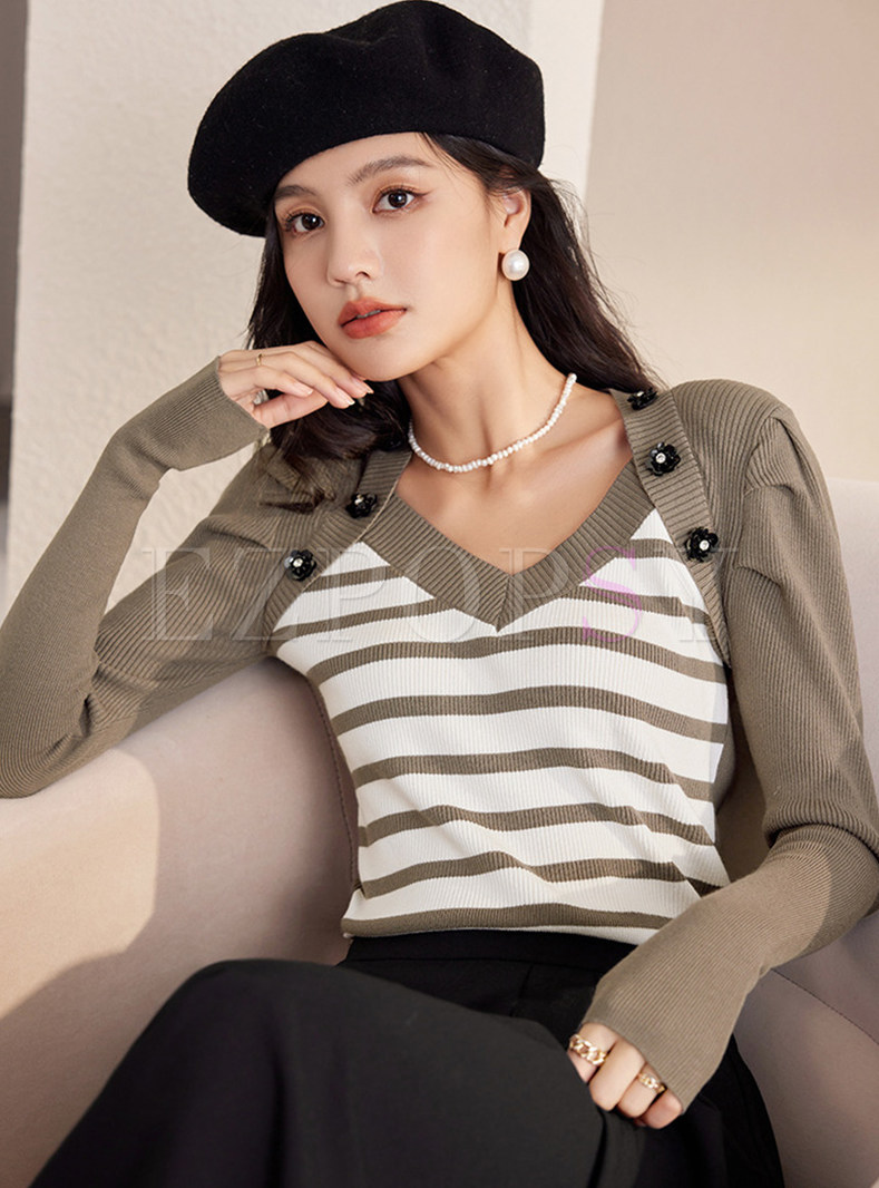 Stylish V-Neck Striped Contrasting Fitted Knitted Jumper For Women