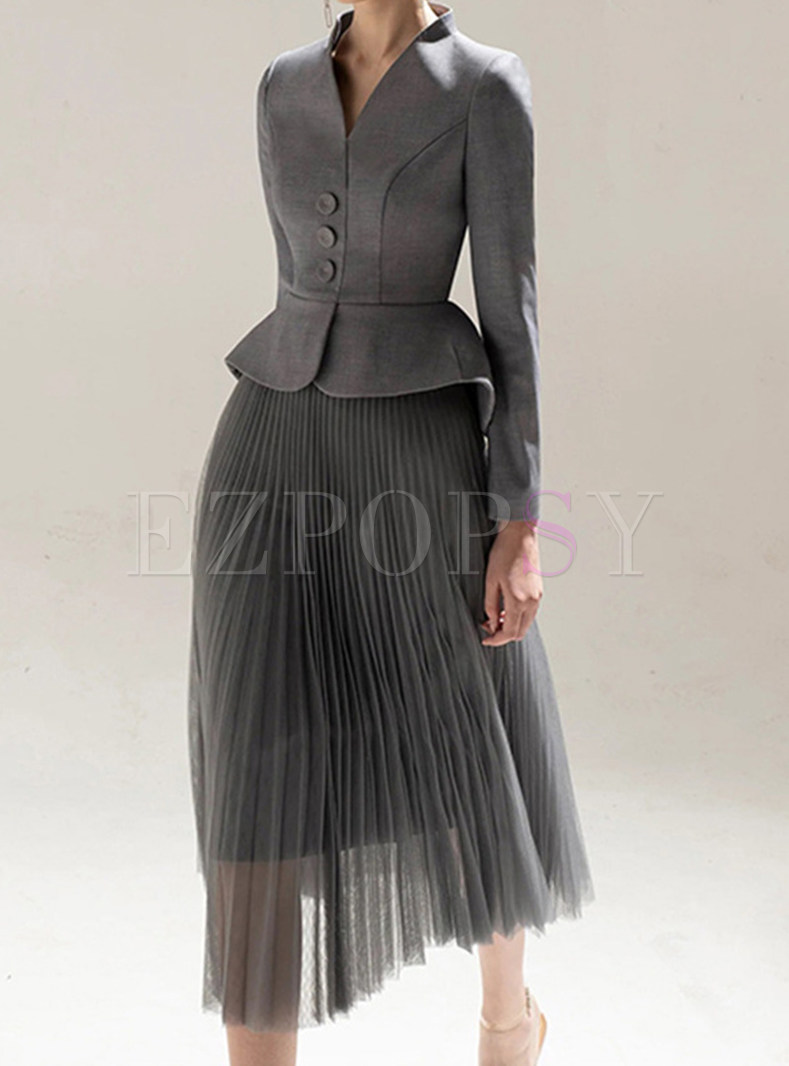 Vintage Frill Trim V-Neck Blazers & High Waisted Pleated Midi Skirts For Women